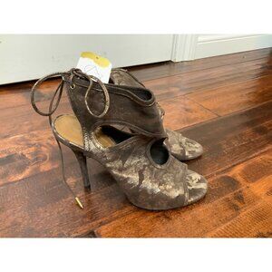 Aquazzura Brown & Gold Shimmer Camo Patterned Cut-Out Leather Heels, Size 36 | 6